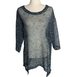 Kaktus Loose Open Knit Pullover Tunic Top Coverup XL Blue Shark Bite Hem